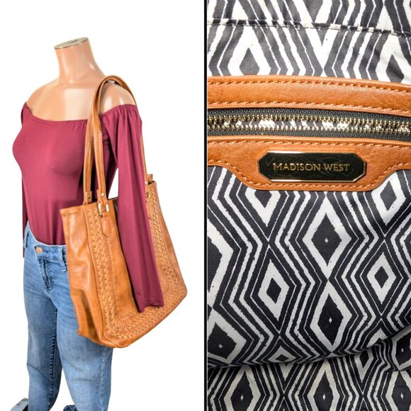 Madison West Brown Leather Double Woven Whipstitch Large Boho Western Tote - Picture 9 of 9